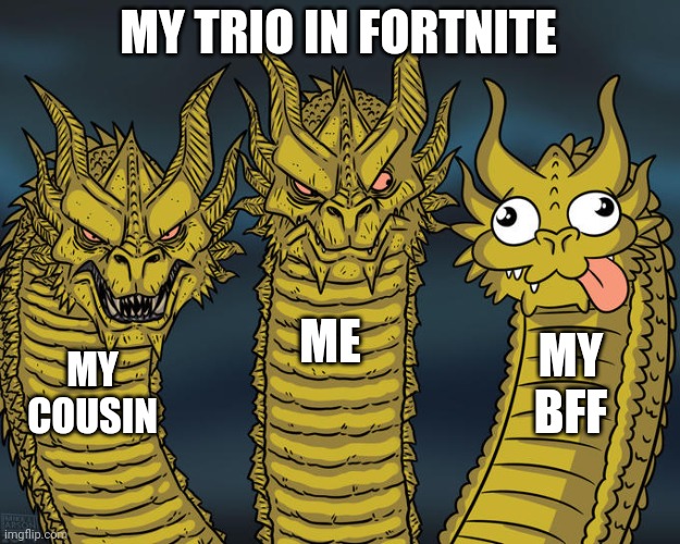 Three-headed Dragon | MY TRIO IN FORTNITE; ME; MY BFF; MY COUSIN | image tagged in three-headed dragon | made w/ Imgflip meme maker