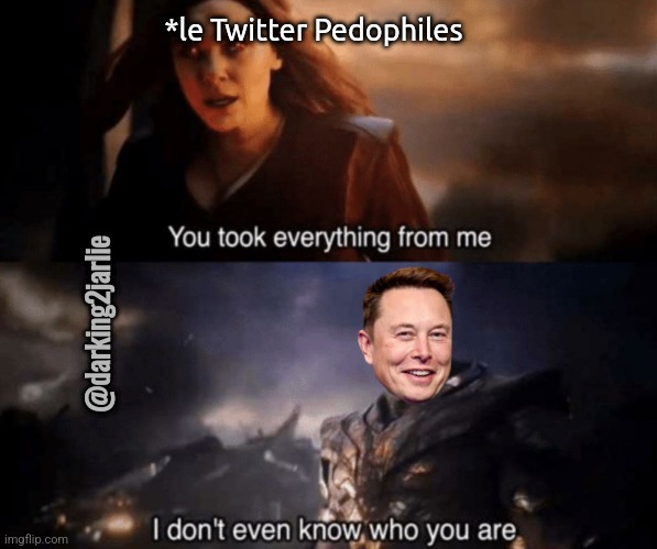 Pedophobe phascist! | *le Twitter Pedophiles; @darking2jarlie | image tagged in you took everything from me - i don't even know who you are,elon musk,twitter,pedophiles,woke,internet | made w/ Imgflip meme maker