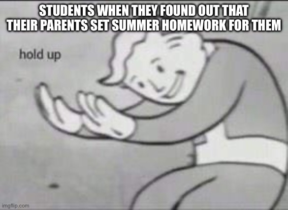 How most kids react | STUDENTS WHEN THEY FOUND OUT THAT THEIR PARENTS SET SUMMER HOMEWORK FOR THEM | image tagged in fallout hold up | made w/ Imgflip meme maker