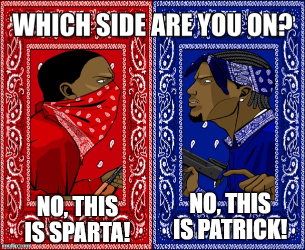 Wait, which side am I not allowed again? | NO, THIS IS SPARTA! NO, THIS IS PATRICK! | image tagged in which side are you on,memes | made w/ Imgflip meme maker