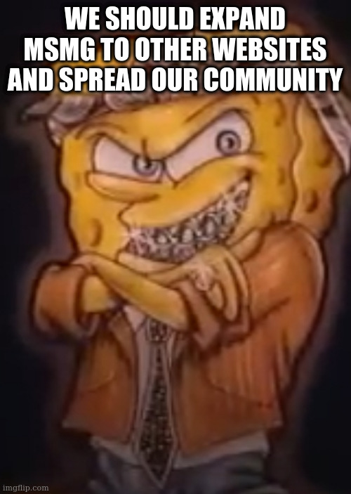 we could become more famous | WE SHOULD EXPAND MSMG TO OTHER WEBSITES AND SPREAD OUR COMMUNITY | image tagged in gangsta spongebob | made w/ Imgflip meme maker