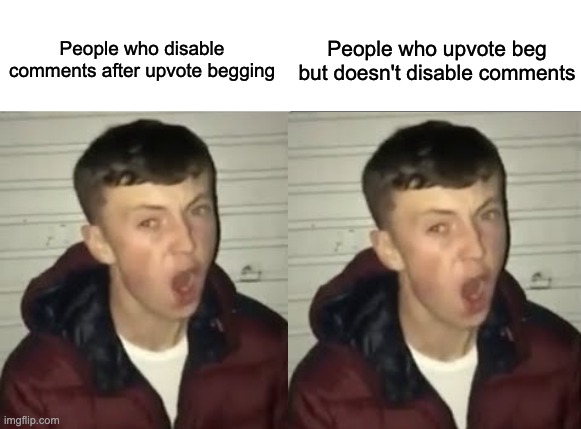 People who disable comments after upvote begging; People who upvote beg but doesn't disable comments | image tagged in average enjoyer meme | made w/ Imgflip meme maker