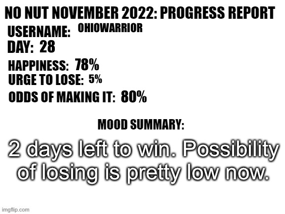 No Nut November 2022: Progress Report | OHIOWARRIOR; 28; 78%; 5%; 80%; 2 days left to win. Possibility of losing is pretty low now. | image tagged in no nut november 2022 progress report | made w/ Imgflip meme maker