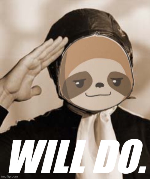 Sloth salute | WILL DO. | image tagged in sloth salute | made w/ Imgflip meme maker