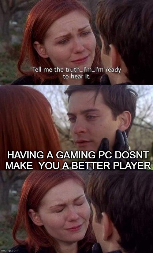 Tell me the truth, I'm ready to hear it | HAVING A GAMING PC DOSNT MAKE  YOU A BETTER PLAYER | image tagged in tell me the truth i'm ready to hear it | made w/ Imgflip meme maker
