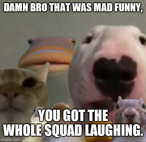 The council remastered | DAMN BRO THAT WAS MAD FUNNY, YOU GOT THE WHOLE SQUAD LAUGHING. | image tagged in the council remastered | made w/ Imgflip meme maker