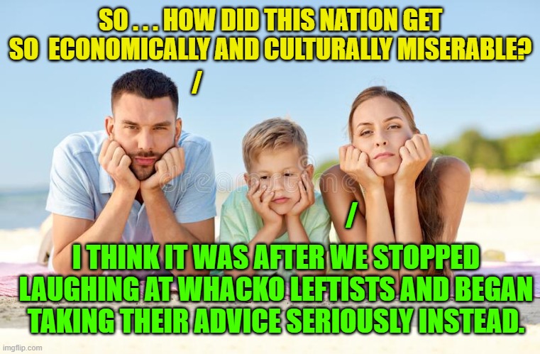 History doesn't call useful idiot liberals . . . 'useful idiots' for nothing. | SO . . . HOW DID THIS NATION GET SO  ECONOMICALLY AND CULTURALLY MISERABLE? /; /; I THINK IT WAS AFTER WE STOPPED LAUGHING AT WHACKO LEFTISTS AND BEGAN TAKING THEIR ADVICE SERIOUSLY INSTEAD. | image tagged in history | made w/ Imgflip meme maker