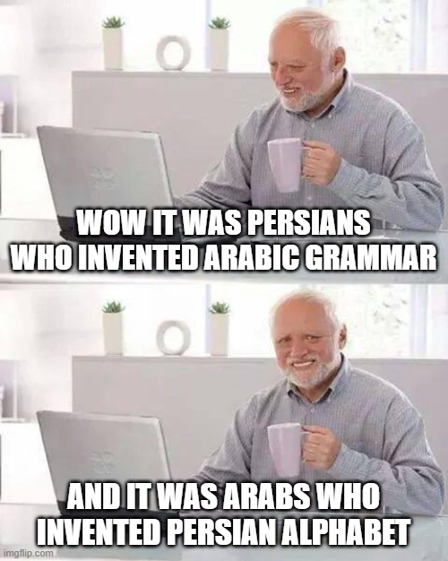 we gave you grammar | WOW IT WAS PERSIANS WHO INVENTED ARABIC GRAMMAR; AND IT WAS ARABS WHO INVENTED PERSIAN ALPHABET | image tagged in memes,hide the pain harold,iran,persian,persia,arabic grammar | made w/ Imgflip meme maker