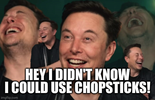 Elon Musk Laughing | HEY I DIDN'T KNOW I COULD USE CHOPSTICKS! | image tagged in elon musk laughing | made w/ Imgflip meme maker