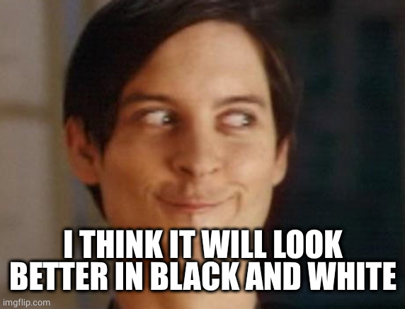 Spiderman Peter Parker Meme | I THINK IT WILL LOOK BETTER IN BLACK AND WHITE | image tagged in memes,spiderman peter parker | made w/ Imgflip meme maker