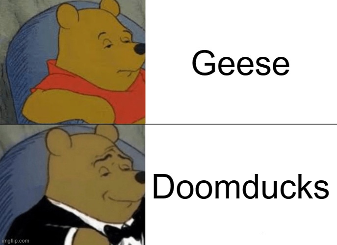 Murderbirds. | Geese; Doomducks | image tagged in memes,tuxedo winnie the pooh | made w/ Imgflip meme maker