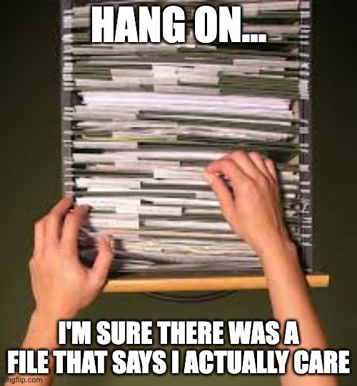 hang on... I don't care | HANG ON... I'M SURE THERE WAS A FILE THAT SAYS I ACTUALLY CARE | image tagged in filing cabinet,care,hang on,filing,don't care | made w/ Imgflip meme maker