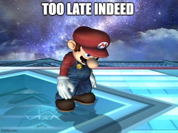 Depressed Mario | TOO LATE INDEED | image tagged in depressed mario | made w/ Imgflip meme maker