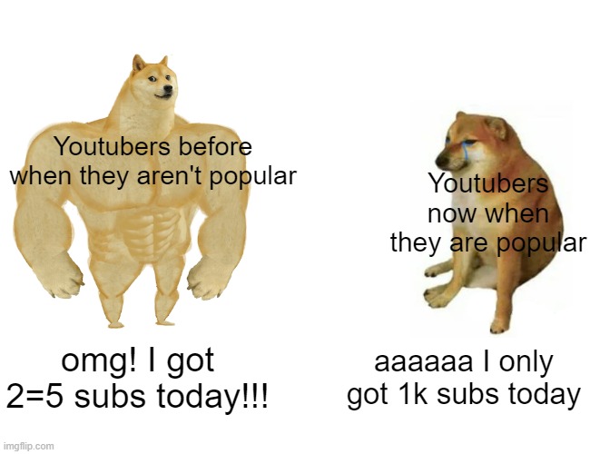 :p | Youtubers before when they aren't popular; Youtubers now when they are popular; omg! I got 2=5 subs today!!! aaaaaa I only got 1k subs today | image tagged in memes,meme,funny,funny memes,funny meme,lol so funny | made w/ Imgflip meme maker