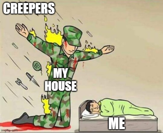 that is true | CREEPERS; MY HOUSE; ME | image tagged in soldier protecting sleeping child | made w/ Imgflip meme maker