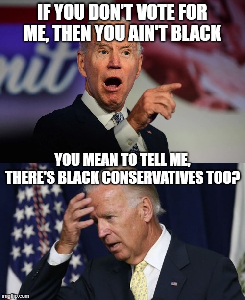 IF YOU DON'T VOTE FOR ME, THEN YOU AIN'T BLACK YOU MEAN TO TELL ME, THERE'S BLACK CONSERVATIVES TOO? | image tagged in angry joe biden pointing,joe biden worries | made w/ Imgflip meme maker
