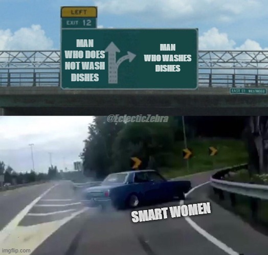 Left Exit 12 Off Ramp | MAN WHO DOES NOT WASH DISHES; MAN WHO WASHES DISHES; @EclecticZebra; SMART WOMEN | image tagged in memes,left exit 12 off ramp | made w/ Imgflip meme maker