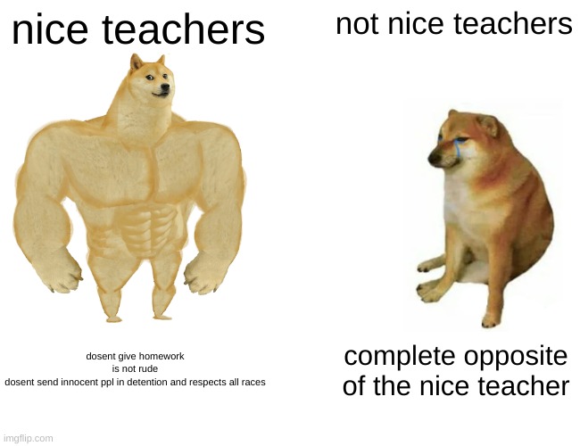 Buff Doge vs. Cheems | nice teachers; not nice teachers; dosent give homework
is not rude
dosent send innocent ppl in detention and respects all races; complete opposite of the nice teacher | image tagged in memes,buff doge vs cheems | made w/ Imgflip meme maker