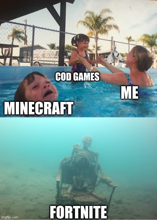 rv4hkmuyhtrgf | COD GAMES; ME; MINECRAFT; FORTNITE | image tagged in swimming pool kids | made w/ Imgflip meme maker