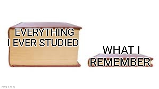 Big book small book | EVERYTHING I EVER STUDIED; WHAT I REMEMBER | image tagged in big book small book | made w/ Imgflip meme maker