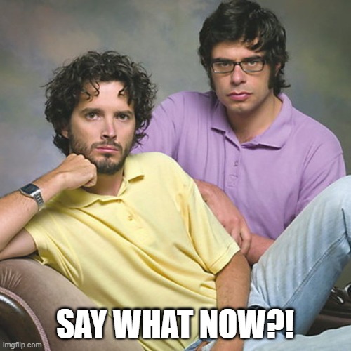 Flight of the Conchords Sexy Pose | SAY WHAT NOW?! | image tagged in flight of the conchords sexy pose | made w/ Imgflip meme maker