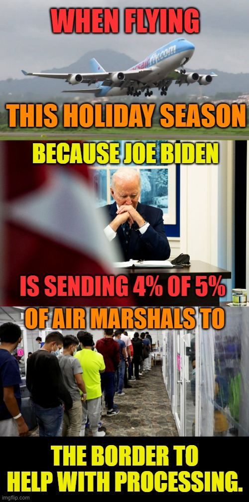Be Careful | WHEN FLYING; THIS HOLIDAY SEASON; BECAUSE JOE BIDEN; IS SENDING 4% 0F 5%; OF AIR MARSHALS TO; THE BORDER TO HELP WITH PROCESSING. | image tagged in memes,politics,airplane,security,it is time to go,border | made w/ Imgflip meme maker
