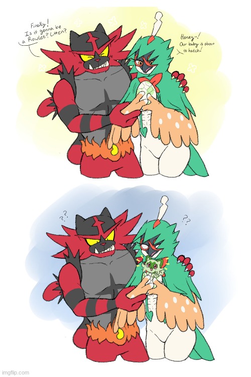 Birth of Sprigatito | image tagged in sprigatito,decidueye,incineroar | made w/ Imgflip meme maker