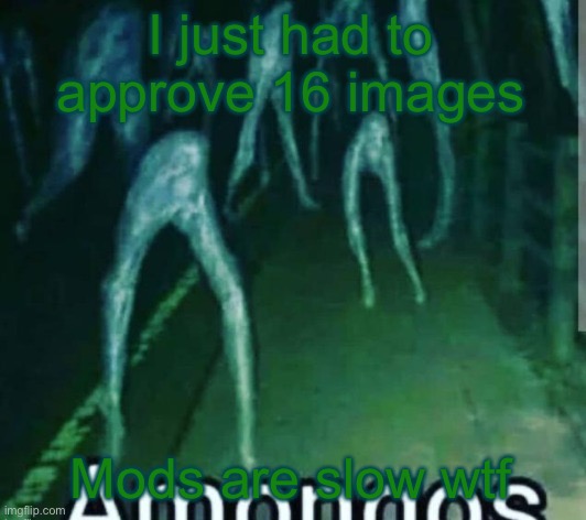 amog | I just had to approve 16 images; Mods are slow wtf | image tagged in amog | made w/ Imgflip meme maker