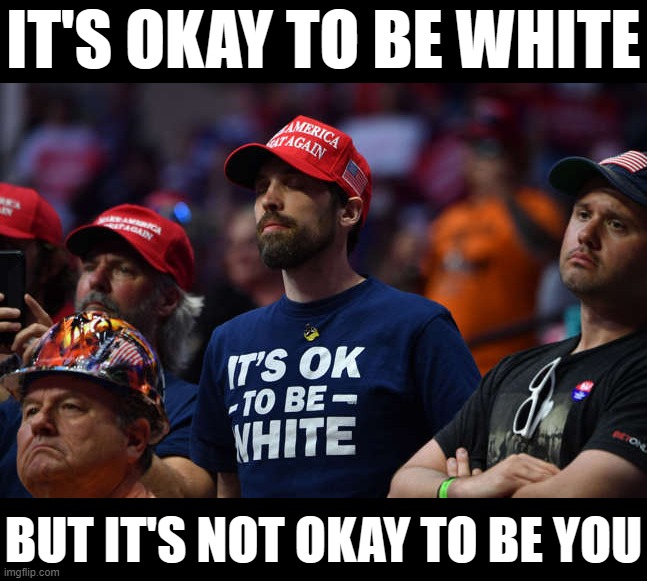 From white man to white man, I say this out of love | IT'S OKAY TO BE WHITE; BUT IT'S NOT OKAY TO BE YOU | image tagged in maga moron it's ok to be white | made w/ Imgflip meme maker