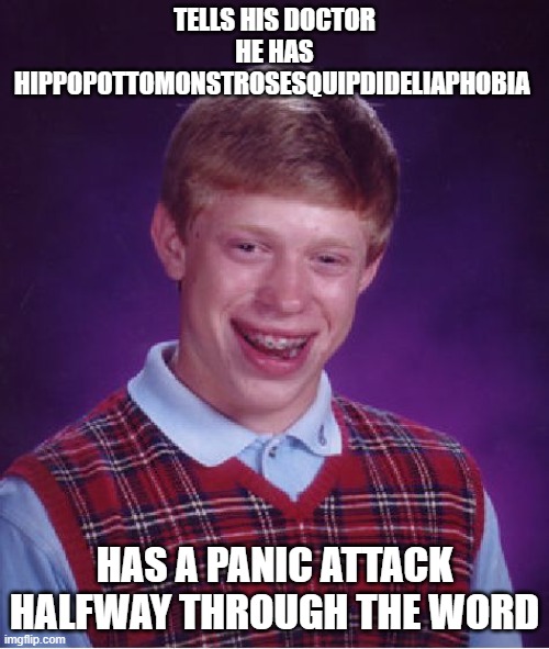 Bad Luck Brian | TELLS HIS DOCTOR HE HAS HIPPOPOTTOMONSTROSESQUIPDIDELIAPHOBIA; HAS A PANIC ATTACK HALFWAY THROUGH THE WORD | image tagged in memes,bad luck brian | made w/ Imgflip meme maker
