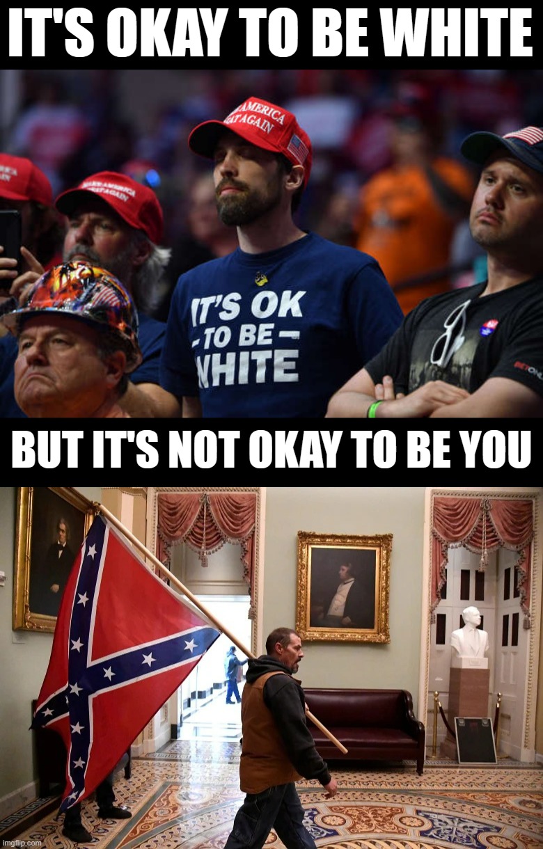 Brother, I know it’s hard to hear, but I say this out of love. | IT'S OKAY TO BE WHITE; BUT IT'S NOT OKAY TO BE YOU | image tagged in maga moron it's ok to be white,jan 6 2021 confederate flag,jan 6,white people,white privilege,its ok to be white | made w/ Imgflip meme maker
