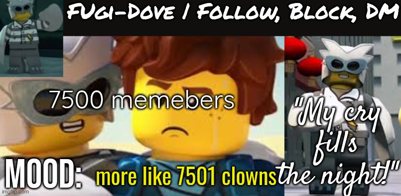 Fugi-Dove Template 1.1 | 7500 memebers; more like 7501 clowns | image tagged in fugi-dove template 1 1 | made w/ Imgflip meme maker