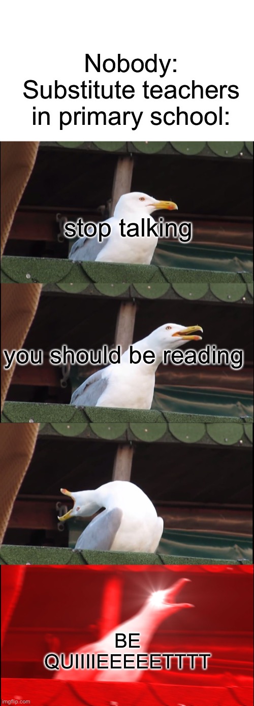 this happened to me a few times in primary school, glad i’m now in secondary | Nobody:
Substitute teachers in primary school:; stop talking; you should be reading; BE QUIIIIEEEEETTTT | image tagged in memes,inhaling seagull | made w/ Imgflip meme maker