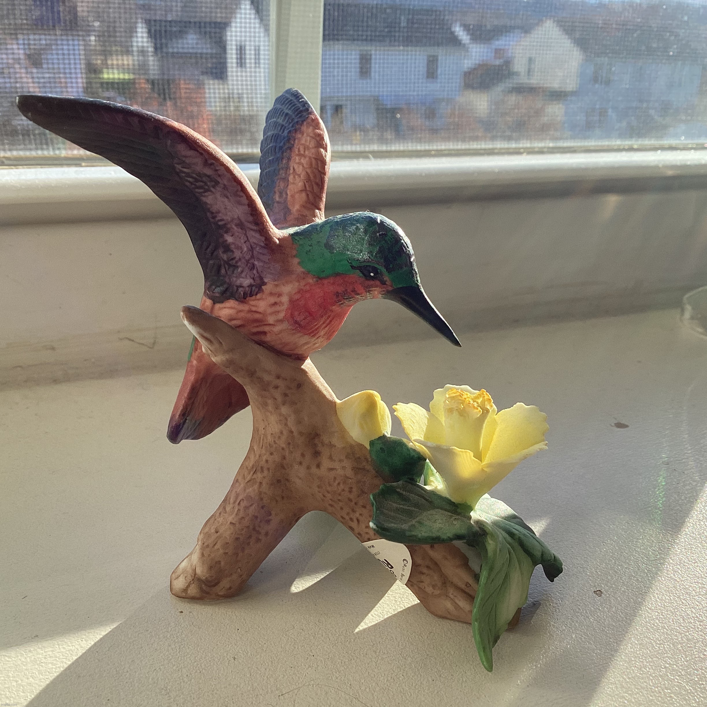 A porcelain hummingbird statue that I got from my great-grandmother’s house | image tagged in share your own photos | made w/ Imgflip meme maker