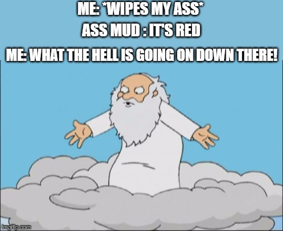 ¯\_(ツ)_/¯ | ME: *WIPES MY ASS*; ASS MUD : IT'S RED; ME: WHAT THE HELL IS GOING ON DOWN THERE! | image tagged in ass,wipe,mad god,red blood | made w/ Imgflip meme maker