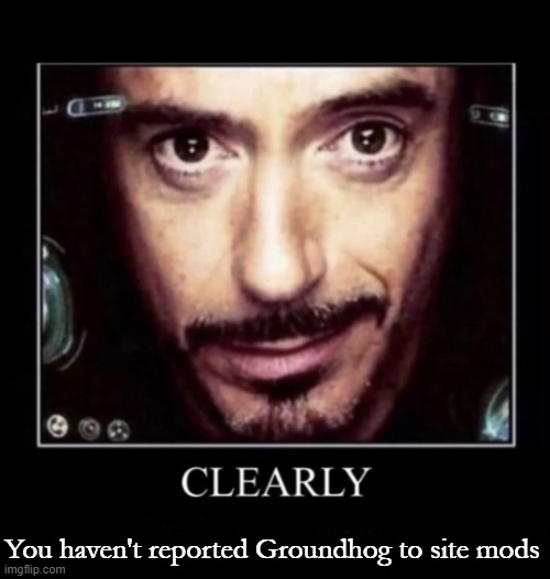 Clearly | You haven't reported Groundhog to site mods | image tagged in clearly | made w/ Imgflip meme maker