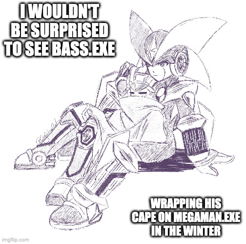 Megaman.EXE Wrapped in Bass.EXE's Scarf | I WOULDN'T BE SURPRISED TO SEE BASS.EXE; WRAPPING HIS CAPE ON MEGAMAN.EXE IN THE WINTER | image tagged in megamanexe,bassexe,megaman,megaman battle network,memes | made w/ Imgflip meme maker