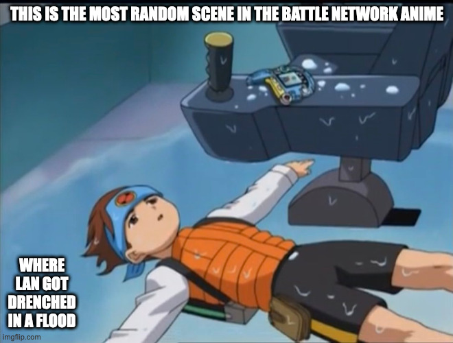 Lan After a Flood | THIS IS THE MOST RANDOM SCENE IN THE BATTLE NETWORK ANIME; WHERE LAN GOT DRENCHED IN A FLOOD | image tagged in lan hikari,megaman battle network,megaman,memes | made w/ Imgflip meme maker