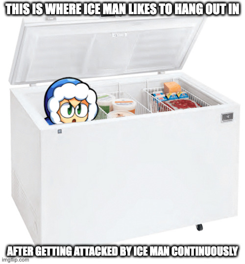 Ice Man in a Freezer | THIS IS WHERE ICE MAN LIKES TO HANG OUT IN; AFTER GETTING ATTACKED BY ICE MAN CONTINUOUSLY | image tagged in iceman,megaman,memes | made w/ Imgflip meme maker