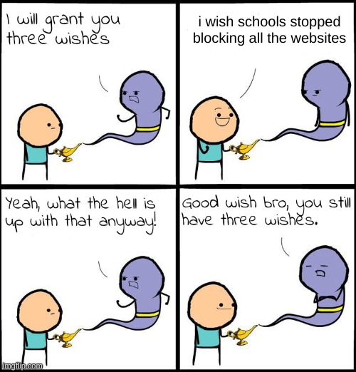 3 Wishes | i wish schools stopped blocking all the websites | image tagged in 3 wishes | made w/ Imgflip meme maker