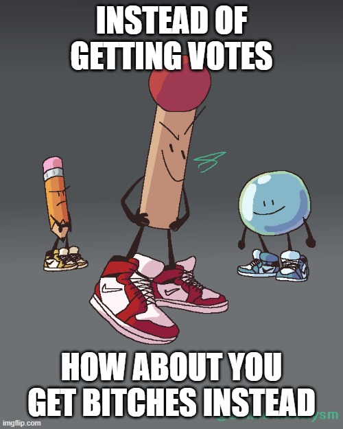 bfdi votes | INSTEAD OF GETTING VOTES; HOW ABOUT YOU GET BITCHES INSTEAD | image tagged in bfdi drip | made w/ Imgflip meme maker