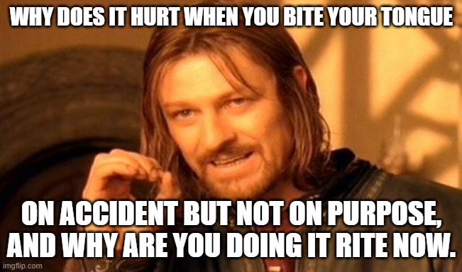 big brin | WHY DOES IT HURT WHEN YOU BITE YOUR TONGUE; ON ACCIDENT BUT NOT ON PURPOSE, AND WHY ARE YOU DOING IT RITE NOW. | image tagged in memes,one does not simply | made w/ Imgflip meme maker