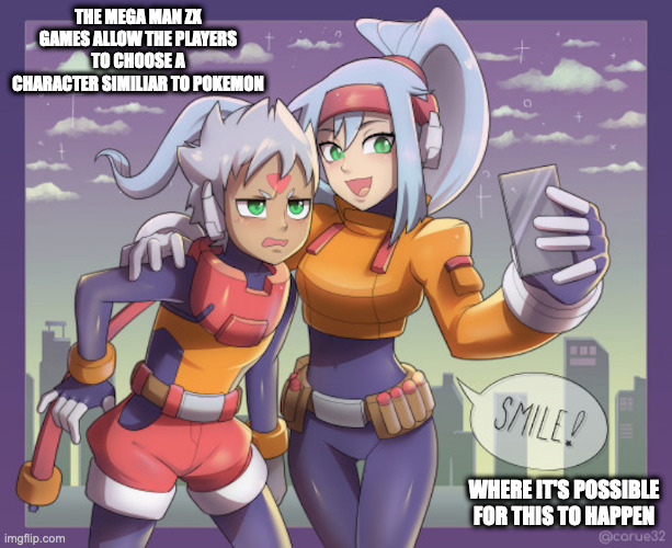 Ashe Taking a Selfie With Grey | THE MEGA MAN ZX GAMES ALLOW THE PLAYERS TO CHOOSE A CHARACTER SIMILIAR TO POKEMON; WHERE IT'S POSSIBLE FOR THIS TO HAPPEN | image tagged in ashe,grey,megaman,megaman zx advent,memes,gaming | made w/ Imgflip meme maker