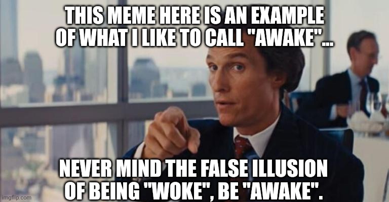 THIS MEME HERE IS AN EXAMPLE OF WHAT I LIKE TO CALL "AWAKE"... NEVER MIND THE FALSE ILLUSION OF BEING "WOKE", BE "AWAKE". | made w/ Imgflip meme maker