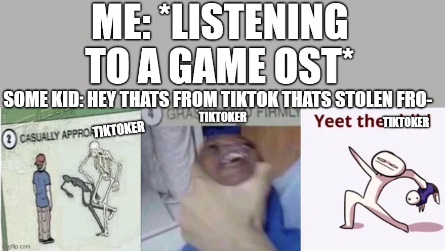 you don't realize how lobg this took to do. | ME: *LISTENING TO A GAME OST*; SOME KID: HEY THATS FROM TIKTOK THATS STOLEN FRO-; TIKTOKER; TIKTOKER; TIKTOKER | image tagged in casually approach child grasp child firmly yeet the child | made w/ Imgflip meme maker