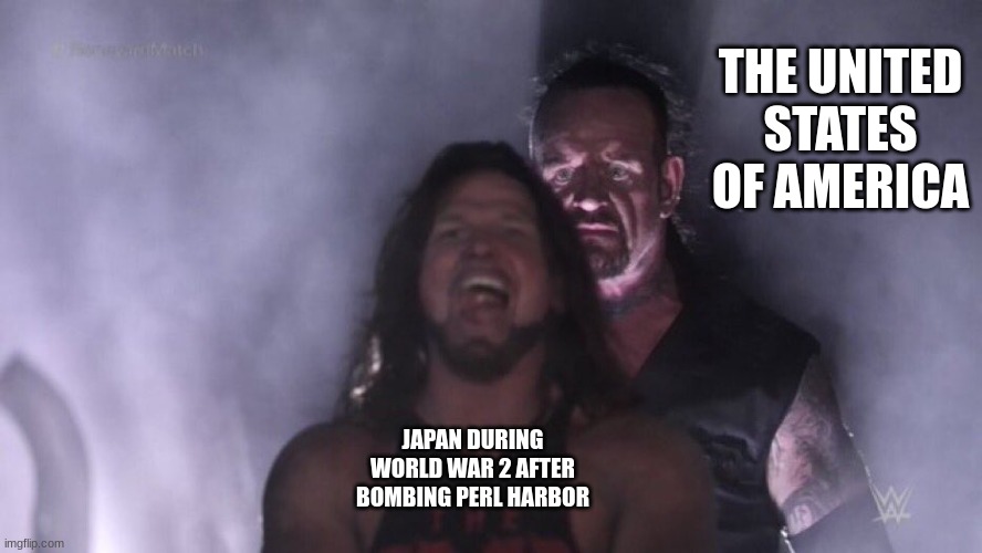 AJ Styles & Undertaker | THE UNITED STATES OF AMERICA; JAPAN DURING WORLD WAR 2 AFTER BOMBING PERL HARBOR | image tagged in aj styles undertaker | made w/ Imgflip meme maker