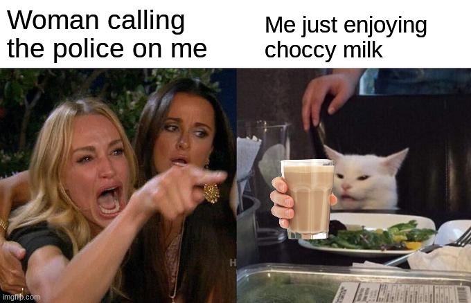 Choccy Milk | Woman calling the police on me; Me just enjoying choccy milk | image tagged in memes,woman yelling at cat | made w/ Imgflip meme maker