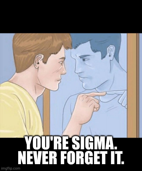 check yourself depressed guy pointing at himself mirror | YOU'RE SIGMA.
NEVER FORGET IT. | image tagged in check yourself depressed guy pointing at himself mirror | made w/ Imgflip meme maker