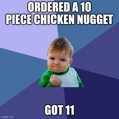 E | ORDERED A 10 PIECE CHICKEN NUGGET; GOT 11 | image tagged in memes,success kid | made w/ Imgflip meme maker