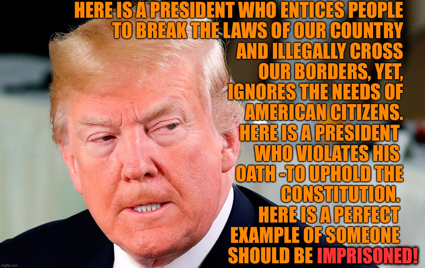 TRUMP FOR PRISON | HERE IS A PRESIDENT WHO ENTICES PEOPLE
TO BREAK THE LAWS OF OUR COUNTRY
AND ILLEGALLY CROSS
OUR BORDERS, YET,
IGNORES THE NEEDS OF
AMERICAN CITIZENS.
HERE IS A PRESIDENT 
WHO VIOLATES HIS 
OATH -TO UPHOLD THE
CONSTITUTION. 
HERE IS A PERFECT 
EXAMPLE OF SOMEONE 
SHOULD BE                        ! IMPRISONED! | image tagged in trump,prison,traitor,insurrection,imprison,criminal | made w/ Imgflip meme maker